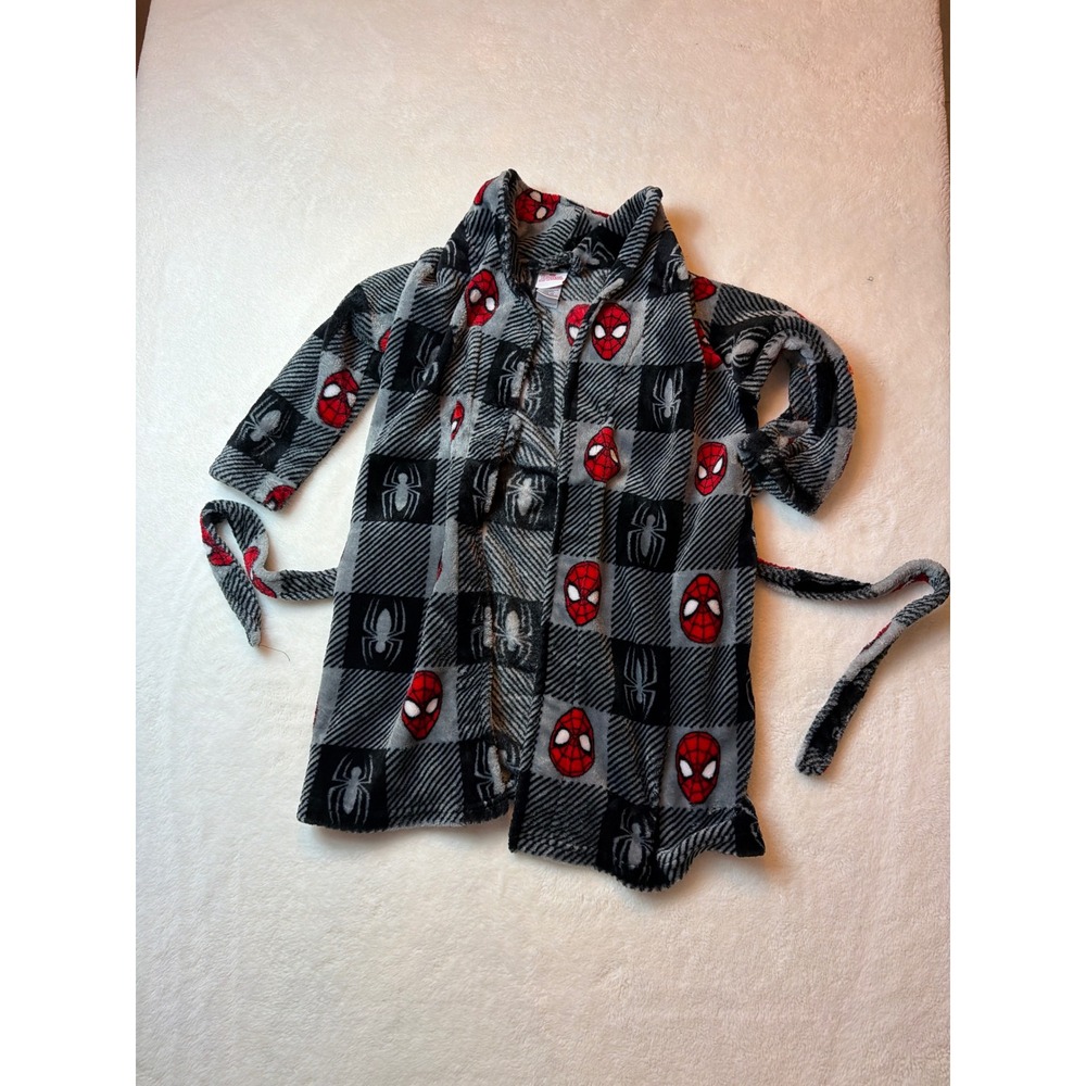 Marvel Spiderman Kids Fleece Bathrobe Gray Black Plaid Plush Robe Size XS